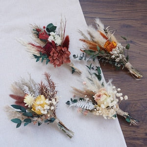 Boho mini dried flower bouquet with rose-toned blooms, pampas, and eucalyptus