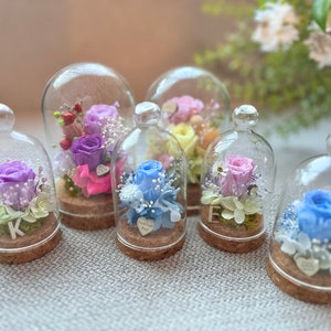 Small clear glass dome preserved flower display with pink and blue blooms