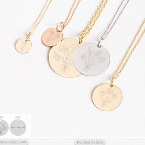 Birth flower family disc necklace with round engraved pendants on gold-tone chains
