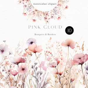 Watercolor floral border with pastel pink wildflower bouquets, soft peach blooms