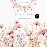 Watercolor floral border clipart, Pastel pink wildflowers bouquets png for wedding invitation, girl baby shower, baptism, posters 158
