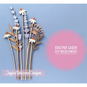 Laser-cut wildflower bouquet SVG with layered white flowers and tall stem bundle