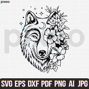 Black line art wolf head with floral bouquet SVG graphic