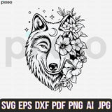 Wolf With Flowers Svg, Wolf Svg, Wolf Flower Svg, Wolf Head Svg, Wolf Clipart, Wolf Cricut, Wolf Cut file, Wolf Shirt, Wolf Face SVG PNG PDF