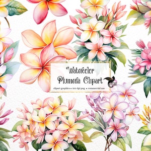 Watercolor plumeria flower clipart set with tropical blossoms and green leaves, PNG pack