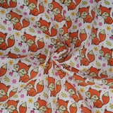 Foxes & Flowers Polycotton White Fabric 44 inch By The Metre FREE DELIVERY