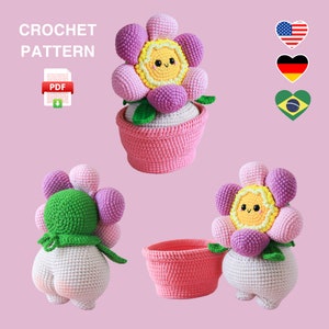 Crochet amigurumi flower in pot PDF pattern, pink pot with yellow flower character