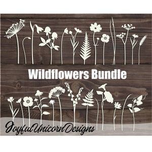 Wildflower SVG bundle with white flower/leaf vector designs; DoyfulUnicornDesigns
