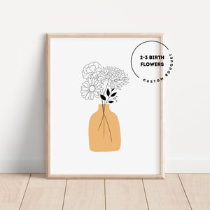Minimalist framed wall art print of line-drawn bouquet in mustard vase with birth-flower text