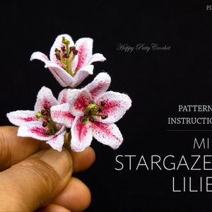 Crochet mini stargazer lily flower, pink and white petals with green-yellow center