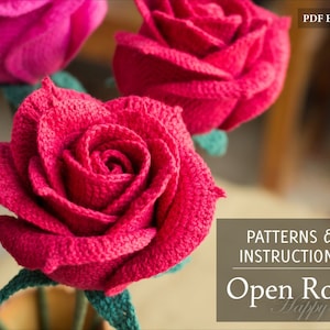 Crochet rose pattern PDF with red crocheted rose flowers