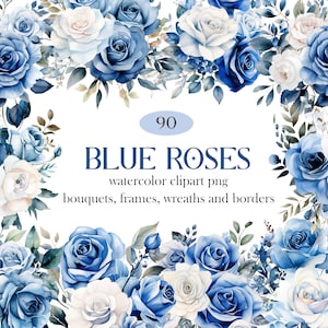 Watercolor blue rose floral clipart wreath border with bouquets and leaves