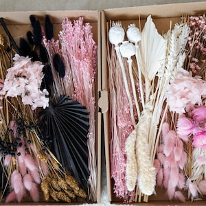 DIY dried flower set with pink and white stems plus dark and gold accents
