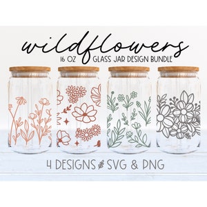 Wildflower tumbler glass can wrap SVG bundle with four floral line-art designs