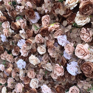 3D artificial floral wall panel decor with pink, brown, and light purple rose blossoms