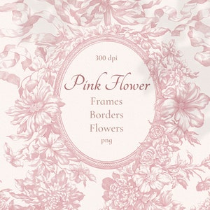 Pink flower circular frame clip art with decorative baroque floral border, 300 dpi label