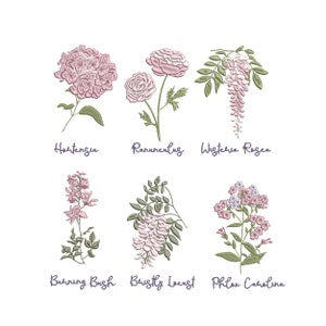 Pink floral botanical machine embroidery design set with wildflower sprigs