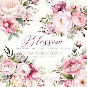 Watercolor floral clipart bundle of pink blossoms and leaves, Blossom title
