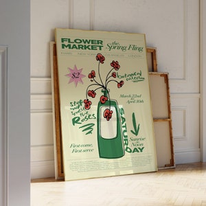 Flower market art poster with illustrated flowers, vase, and green botanical typography