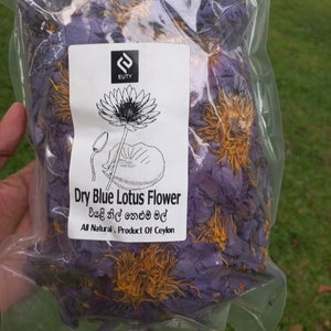 Bag of dried blue lotus flowers, whole blooms and crushed petals for tea