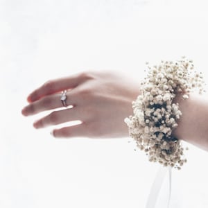 Dried baby's breath wrist corsage, white flower bracelet with ribbon ties