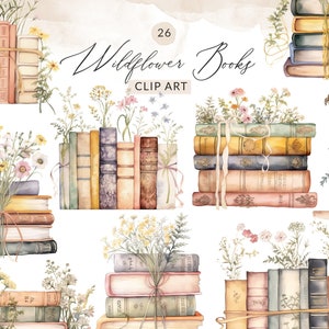 Wildflower book clipart set with stacked books and floral accents