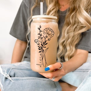Personalized birth-flower glass can tumbler, light pink with black floral line art and straw