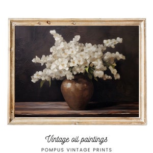 Framed vintage floral art print with brown vase and white blossoms