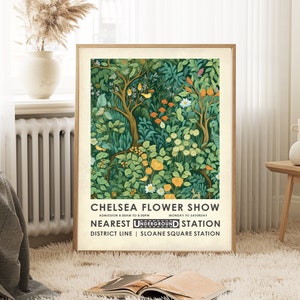 Framed vintage botanical poster with green trees and orange flowers, Chelsea Flower Show text