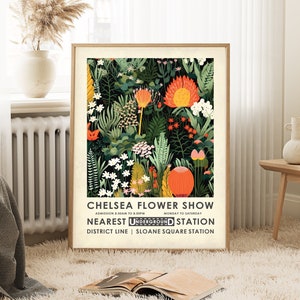 Framed botanical poster with orange and green flower market print, vintage-style text