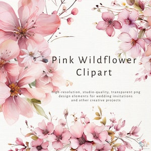 Watercolor pink wildflower clipart set with delicate petals and pastel blossoms, botanical florals