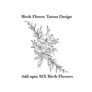 Fine-line birth flower bouquet tattoo design with multiple blossoms and leaves