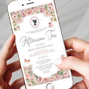 Electronic mobile invitation card with blush pink floral frame, tea typography, butterflies