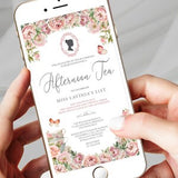 Afternoon Tea Electronic Mobile Invitation with Blush Pink Flowers, Bridgerton Cameo, Butterflies, Teapot, Corjl Editable Digital Download