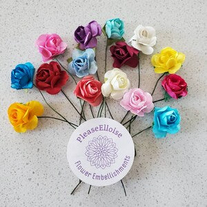 Mini rose flower embellishments: 12 assorted mini roses with thin stems, multicolor