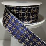 NEW**1.5 inches Gold on Navy ribbon.  Gold flower pattern shimmers on the navy background.  Edged in gold, perfect non-traditional style.