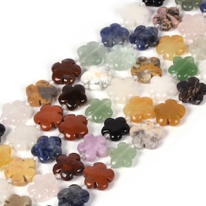 Mixed flower-shaped natural gemstone beads, drilled spacers, assorted colors, loose strand