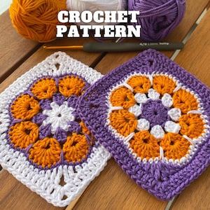 Crochet granny square motif set: purple, white, orange and yellow flower squares