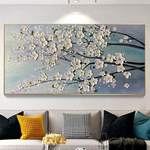 3D white cherry blossom flower canvas wall art with textured petals, framed