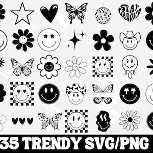 Happy Face SVG, Retro SVG, Groovy SVG, Daisy Flower Svg, Trendy Clipart Cricut Silhouette png, Hippie Boho svg, Butterfly Svg, Retro Shirt