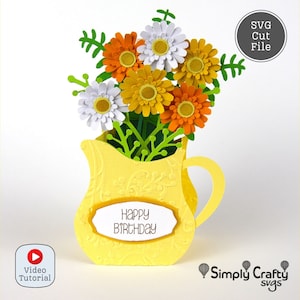 Floral pitcher card SVG design with yellow vase, mixed flowers, and 'Happy Birthday' text