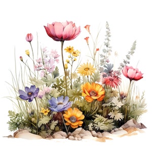 Wildflower flowerbed clipart illustration with mixed pink, yellow, purple, and orange blossoms