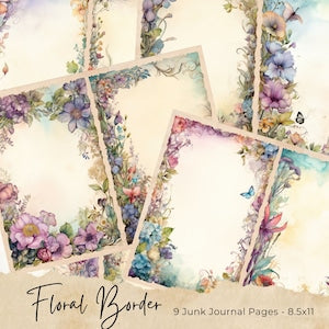 Watercolor floral border printable page with wildflower wreath corners for junk journals