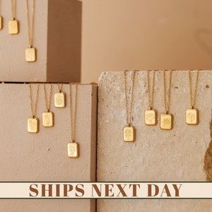 Gold tone birth month necklace with small square pendant, minimalist thin chain