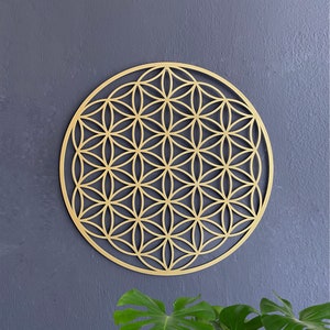 Gold flower of life mandala metal wall decor, circular sacred geometry design
