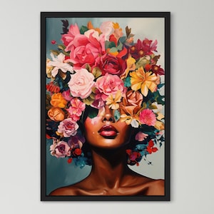 Framed canvas wall art of a woman with floral headpiece and colorful roses around her face
