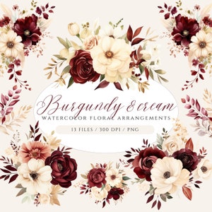 Watercolor floral clipart set with burgundy and cream flowers, leaves, and wreaths