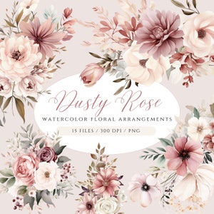 Dusty rose floral clipart collage with watercolor bouquets, peonies, and blush blooms
