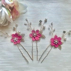 3PCS Bright pink wedding hair pins | Bridal pink floral and pearl hair clips | Wedding occasions pink and gold hair clips | Hair accessories