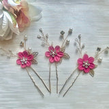 3PCS Bright pink wedding hair pins | Bridal pink floral and pearl hair clips | Wedding occasions pink and gold hair clips | Hair accessories